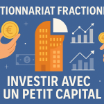 Illustration sur acheter des parts d'une entreprise en actionnariat fractionné avec le texte « Investir avec un petit capital » et des symboles financiers.