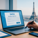 Creer sasu en ligne : entrepreneur e-signant la création de société sur laptop à Paris
