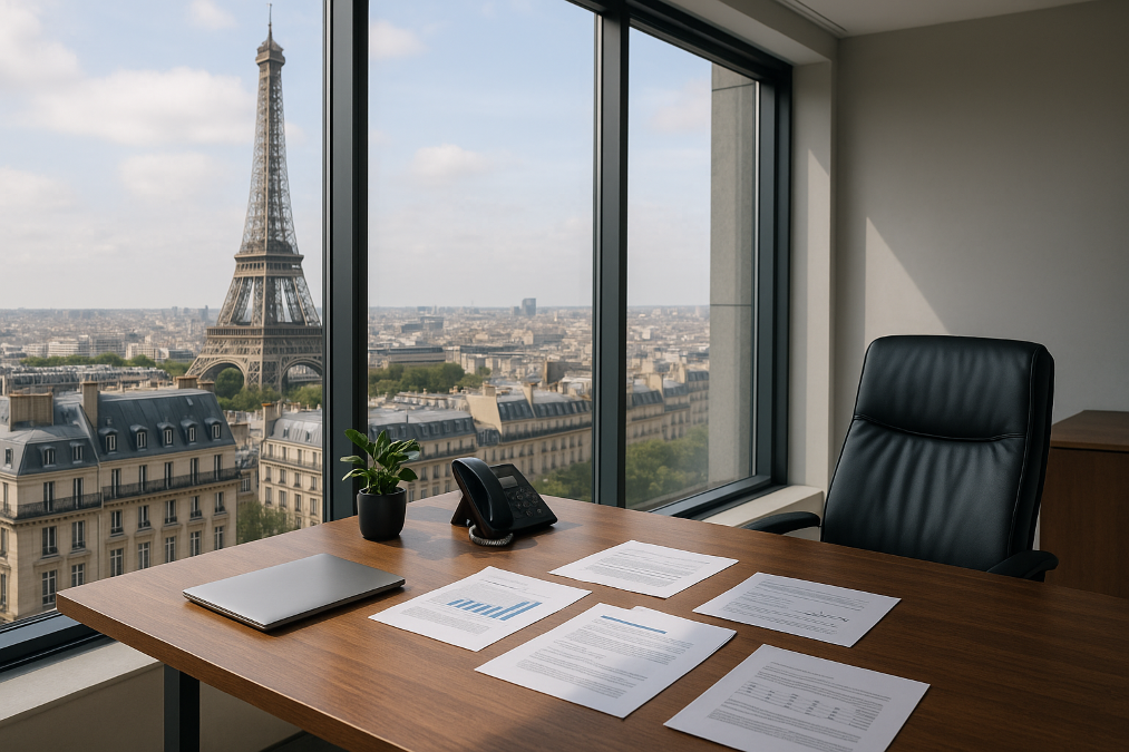 Domiciliation entreprise Paris dans un bureau moderne avec vue sur la Tour Eiffel
