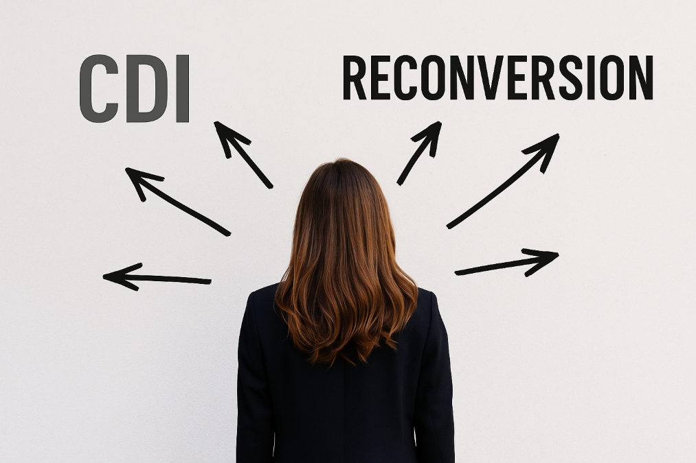 Femme de dos face à un mur avec les mots CDI et reconversion entourés de flèches, illustrant un changement de carrière