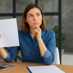 Femme réfléchissant à sa reconversion professionnelle en CDI, tenant une feuille blanche dans un bureau moderne