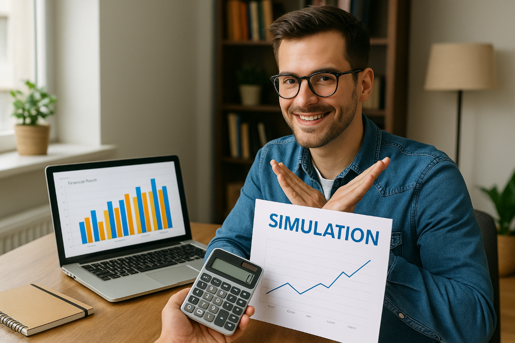Homme calculant son revenu avec une simulation revenu freelance sur ordinateur et calculatrice