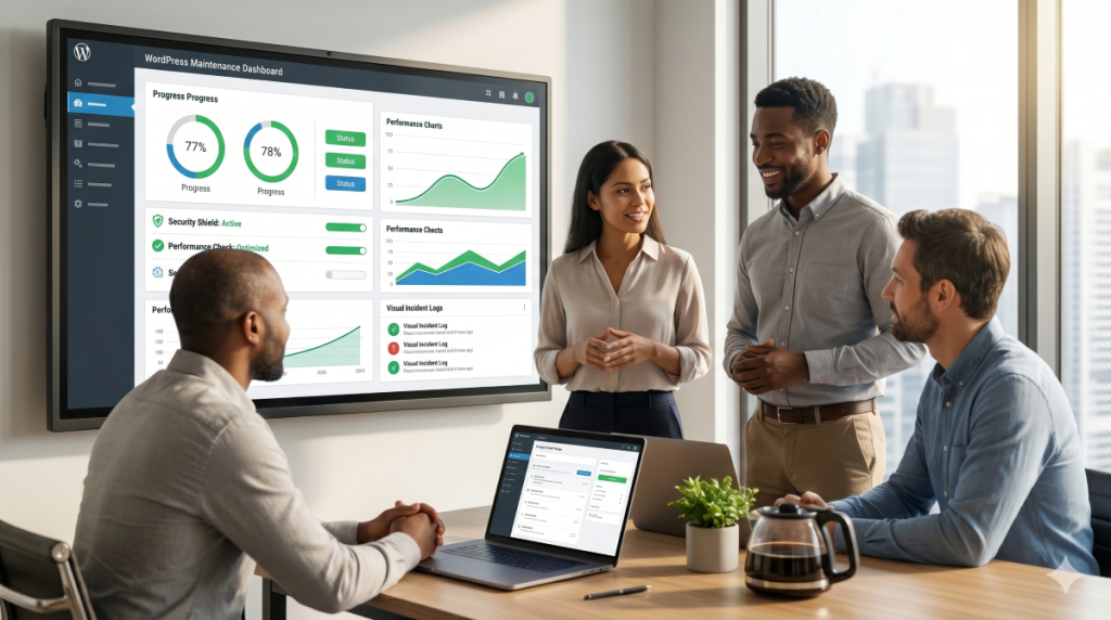 Equipe de support WordPress collaborant avec un client devant un écran affichant des indicateurs de performance et de sécurité.