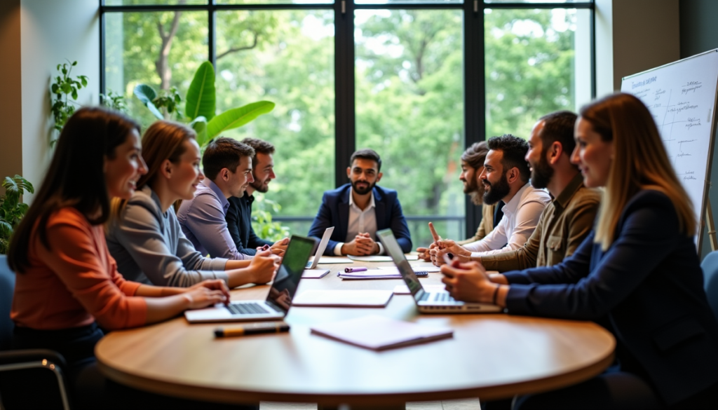 Un groupe de professionnels engagés dans une activité de team building lors d'un séminaire immersif.